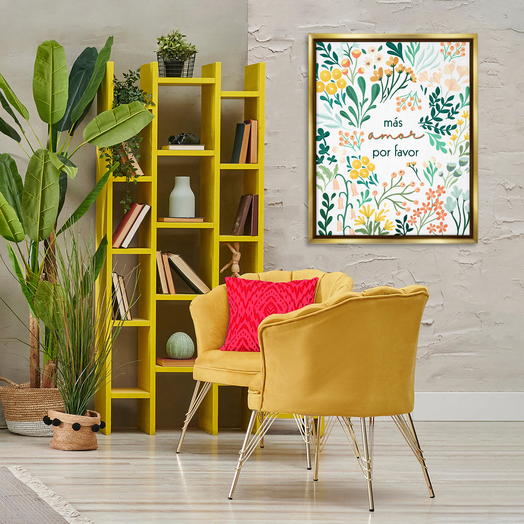 Stupell Industries Más Amor Por Favor Flores Inspirational Quotes & Sayings Painting Gold Floater Framed Art Print Wall Art, 25 x 31