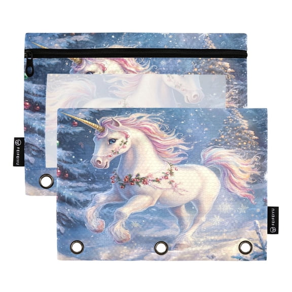 Unicorns with Christmas Elements Binder Pouches Zipper Pocket Document Storage 3 Rings 2 Packs A5 Size