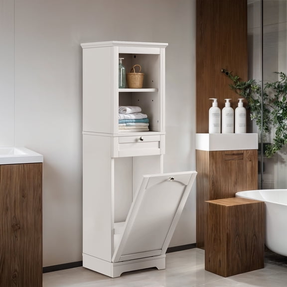 ModFusion 53"H Tilt Out Laundry Cabinet with Basket, Freestanding Laundry Hamper Bathroom Storage Cabinet Unit with Drawer, 3 Layer Open Shelf, White