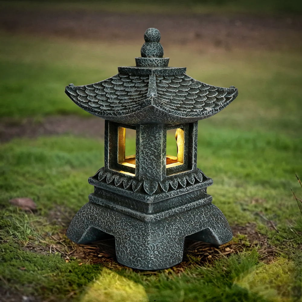 12 Inch Solar Japanese Pagoda Lamp Statue, Zen Asian Style Outdoor Garden Ornament, Art Decor Figurine for Balcony Patio Porch Yard Landscape
