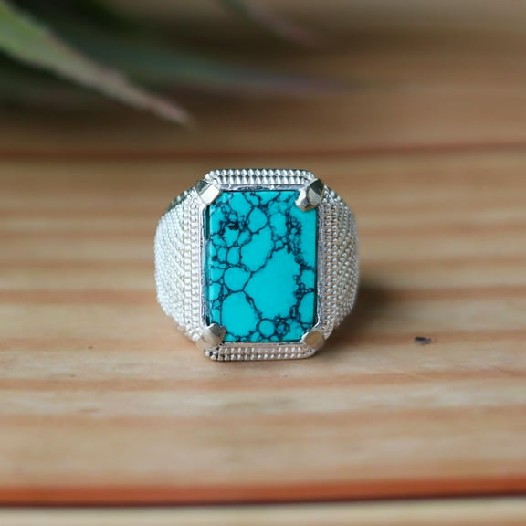 Kingman Turquoise Ring, Baguette Cut Gemstone, Prong Setting Ring, 925 Sterling Silver Ring, Men's Signet Ring, Blue Gemstone, Custom Gift**