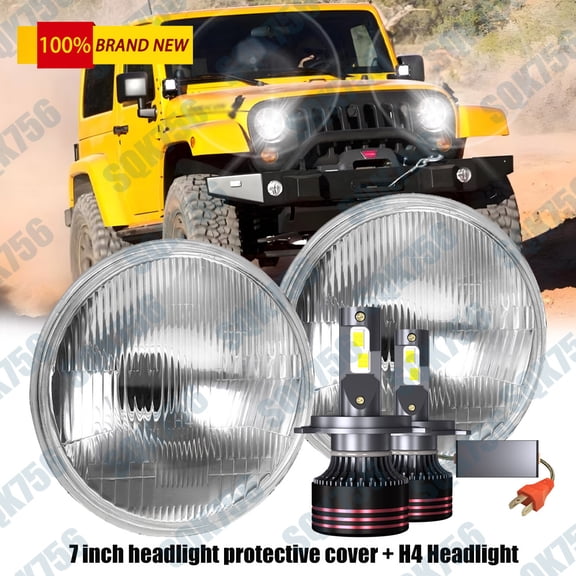 Round 7" H6024 Glass Headlamp Housing H4 Hi/Lo LED Headlight Bulbs Bright White