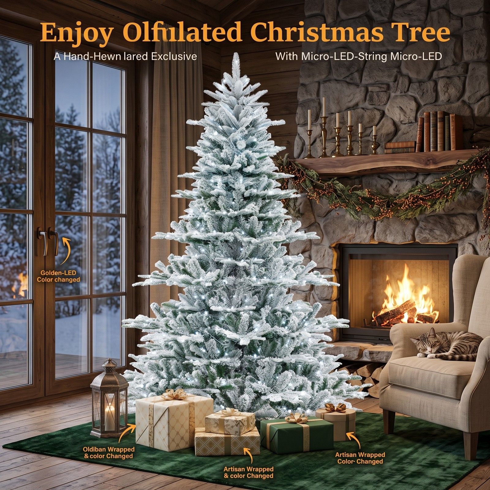RUIE 7FT Snow Flocked Artificial Christmas Tree, Pre-Lit with 620 Cool White LED Lights, Remote & Timer, Hinged Metal Stand Holiday Tree, Green & White