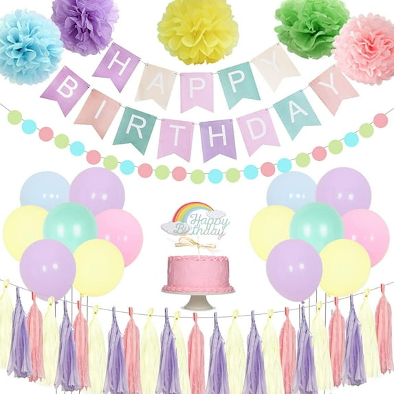 Pastel Birthday Decorations for Girls Women, Macaron Party Decorations with Birthday Banner Balloons Circle Dot Garland Rainbow Cake Topper and Paper Pom Poms for Rainbow Birthday Party Supplies