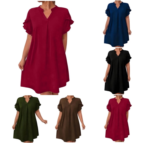 Casual Dresses for Women SawvnmWomen's Fashion V-neck Solid Color Short Sleeve Pleated Layered Hem Leaf Sleeve Dress Gift for Women