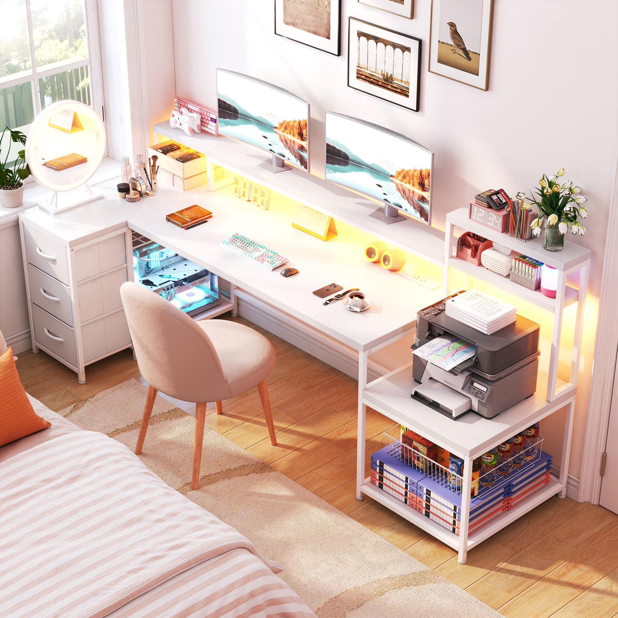 EnHomee 70.9" L Shaped Gaming Desk with Power Outlet & LED Lights, Computer Desk with Storage Shelves and Monitor Stand, White