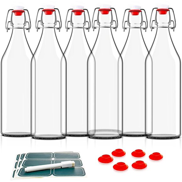 Swing Top Glass Bottles- Set of 6, 16oz w/ Marker & Labels - Clear Bottle with Caps for Juice, Water, Kombucha Wine Beer
