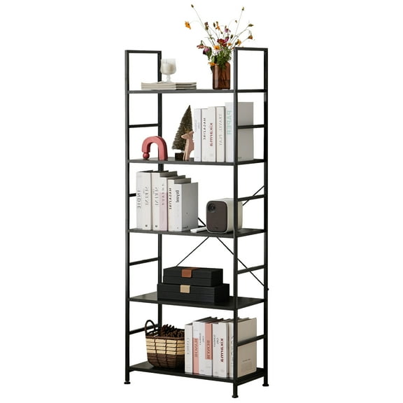 GIANNA 5 Tier Bookshelf, Tall Bookcase Shelf Storage Organizer, Modern Book Shelf for Bedroom, Living Room and Home Office, Black