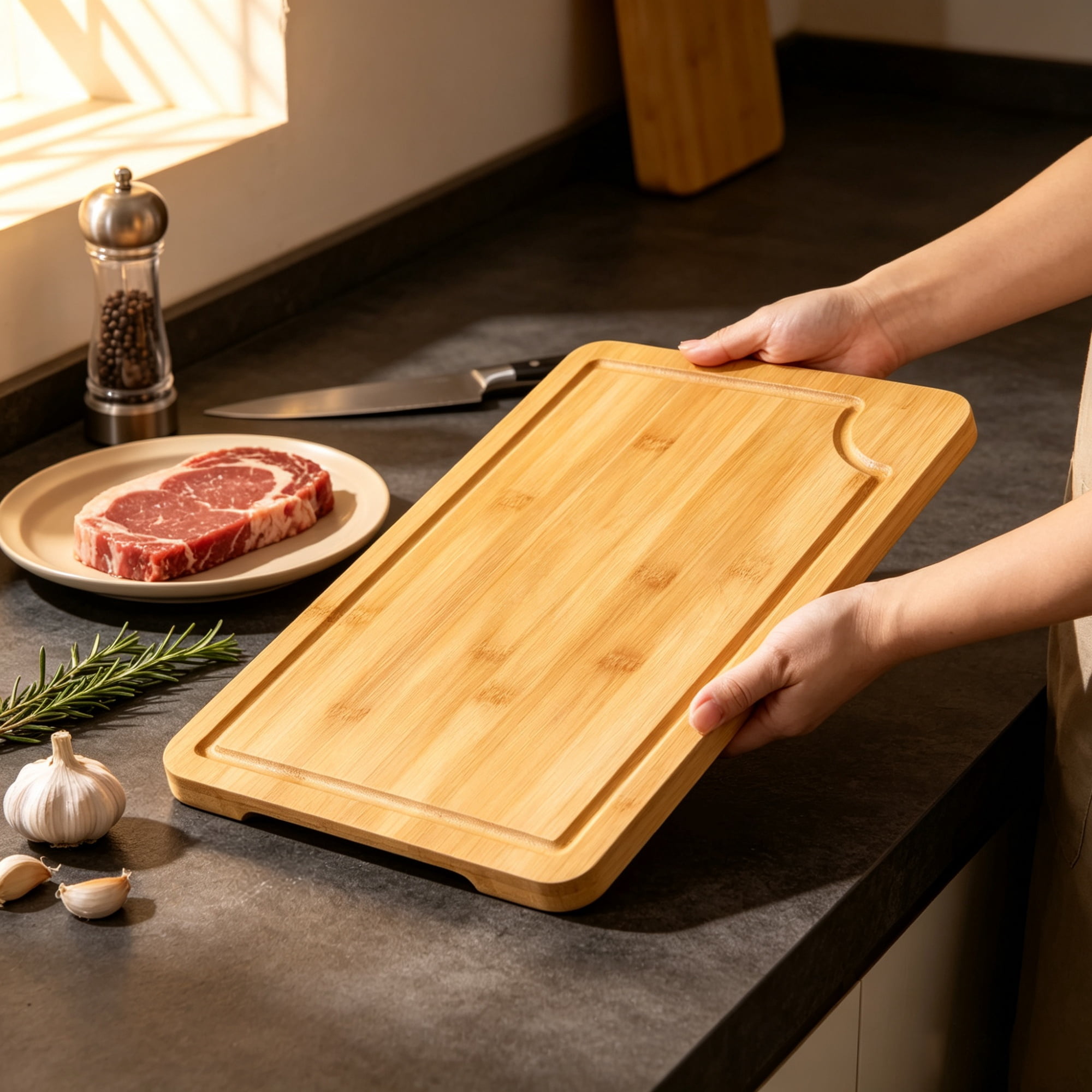 3-Piece Cutting Board Set, Sturdy Chopping Board with Juice Groove & Handle for Serving