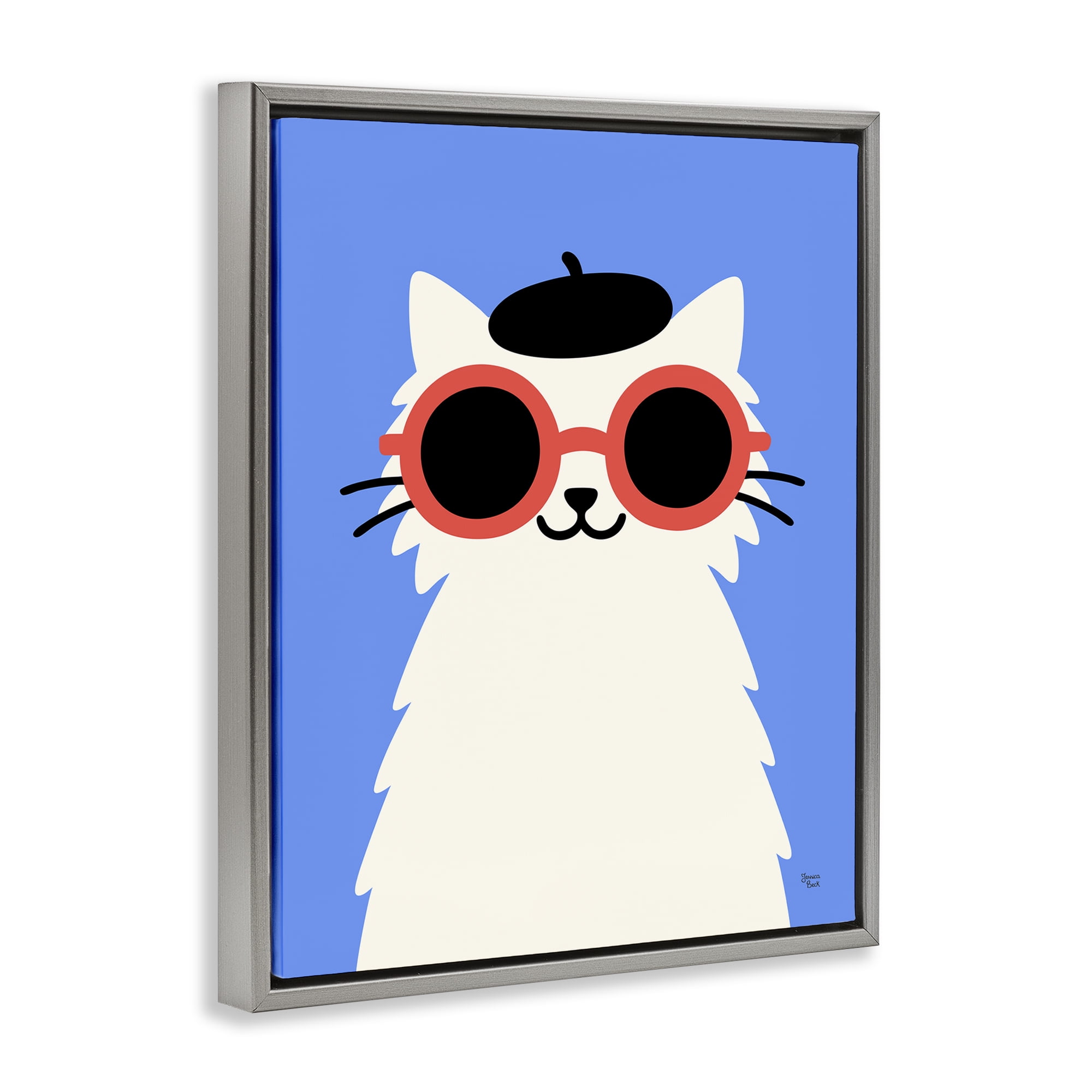 Stylish French Cat Gray Framed Floater Canvas Wall Art, design by Jessica Beck