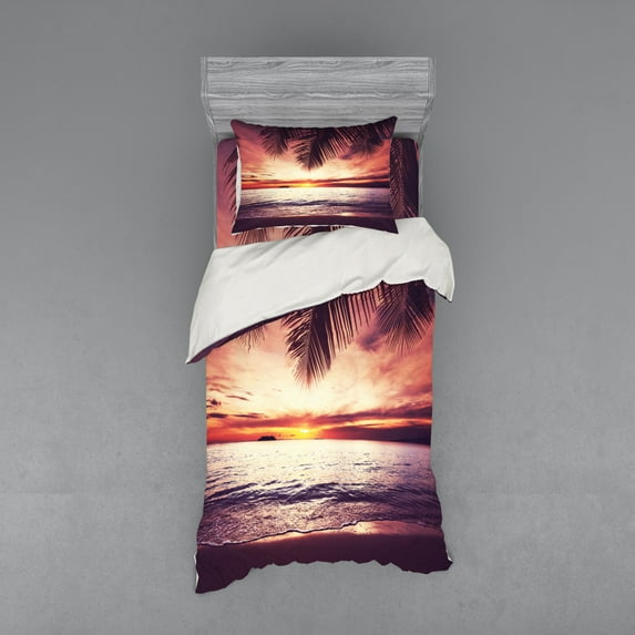 Ambesonne Tropical Bedding Set 3 Pcs, Sunset Ocean Waves, Twin, Yellow