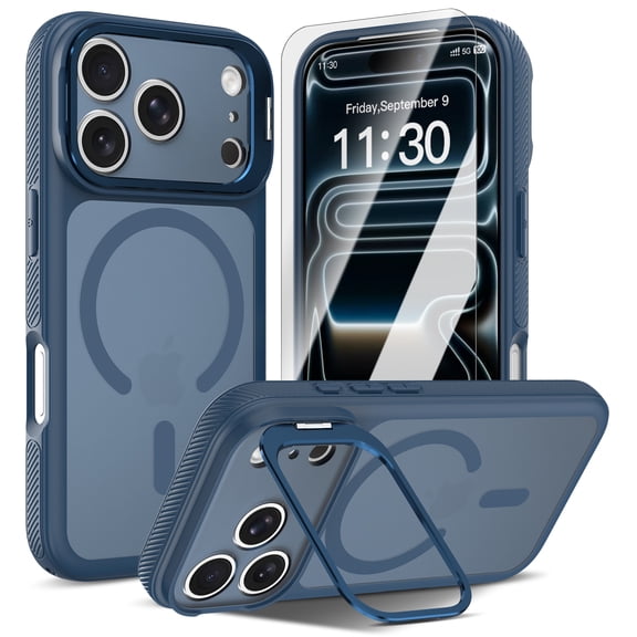 Dteck Magnetic Case with Tempered Glass Screen Protector for iPhone 18 Pro,Hidden Camera Kickstand, Compatible with MagSafe, Soft Touch Matte Finish, Anti-Slip Shockproof TPU PC Cover,Navyblue
