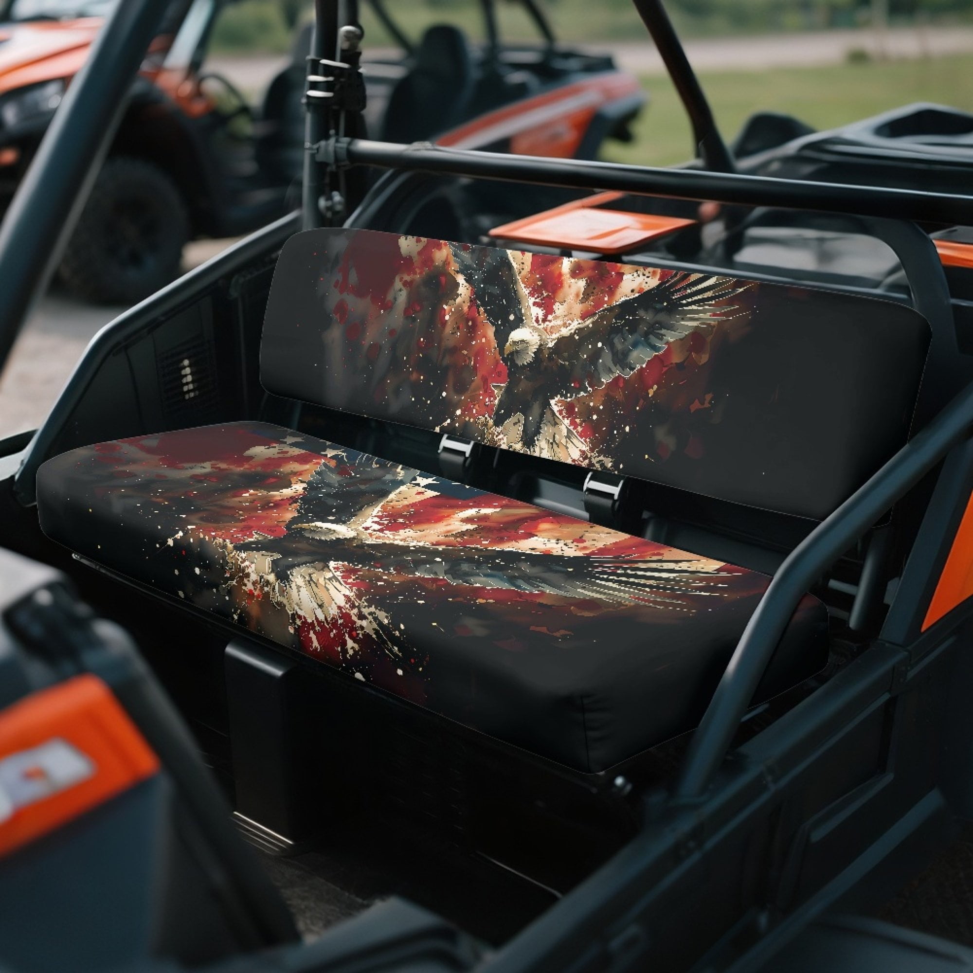 ZIATUBLES Universal UTV Seat Covers 2 Pack, Front Bench Seat Protector Set Compatible with Kawasaki Mule 4010 3010, All-Weather Polyester Deocr Protection, American Flag Bald Eagle Print
