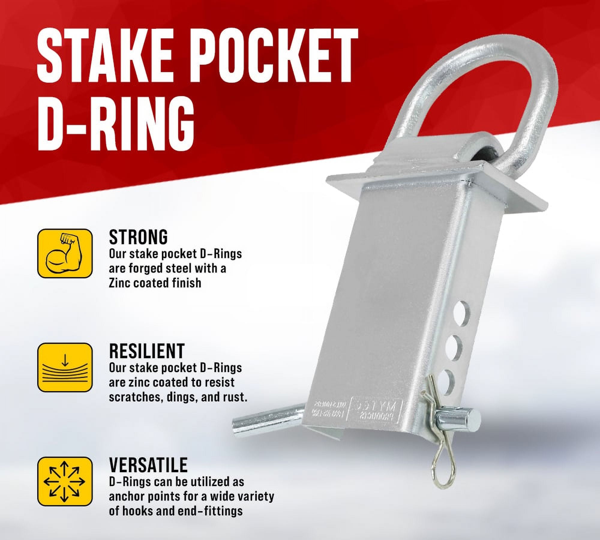 (2 Pack) Trailer Stake Pocket D-Ring Zinc Coated Flatbed UtilityHeavy Duty Adjustable Trailer Stake Pocket D Ring Zinc Coated w/ 1/2" Hitch Pin, Load limit 5400 lbs & 4 Adjustable Holes