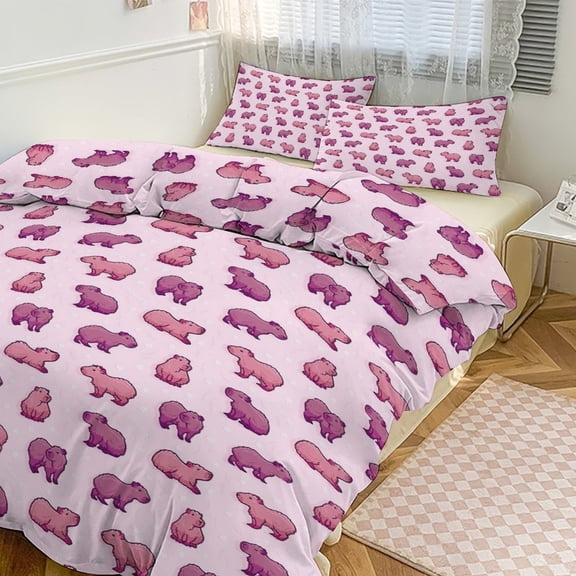 3 Pcs Soft Bedding Set, Includes 1 Duvet Cover with Zipper And 2 Pillow Shams,Capybara Pink Twin(86"x70")