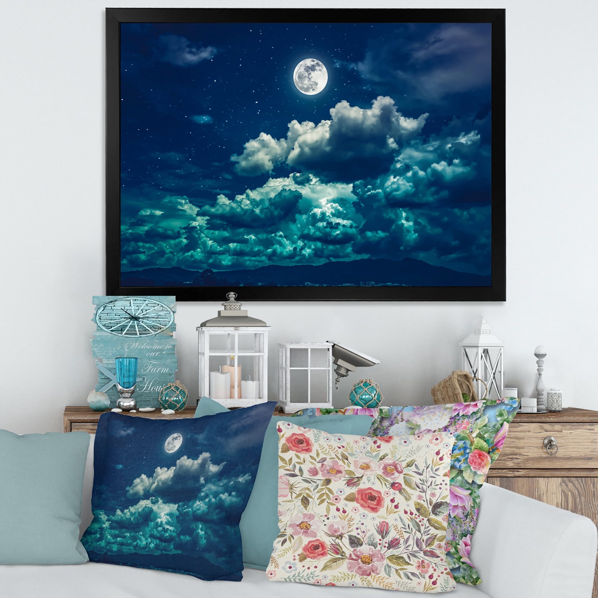 Designart 'Full Moon Night in Cloudy Sky II' Nautical & Coastal Framed Art Print