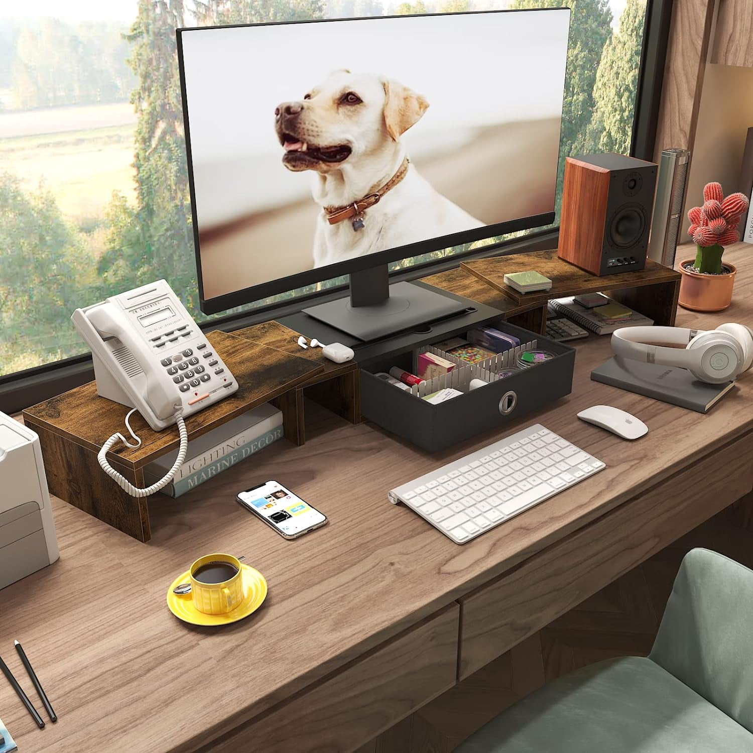 Triple Dual Monitor Stand Riser with Drawer  Large Adjustable for 2~3 Monitors Solt for Phone Tablet Desktop Organizer