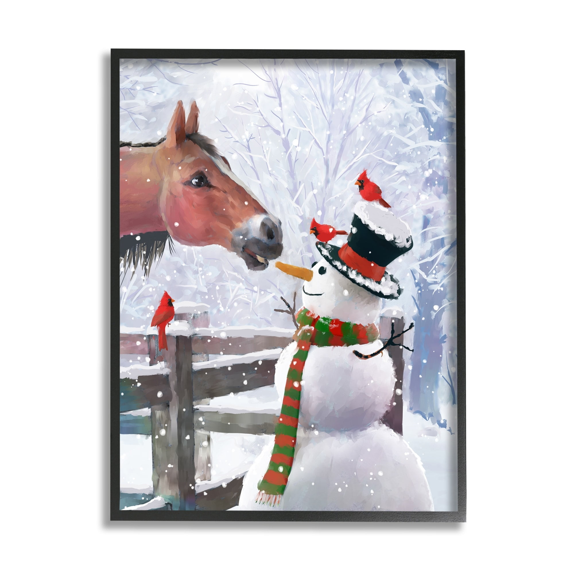 Stupell Industries Horse Eating Snowman Carrot Scene Holiday Painting White Framed Art Print Wall Art