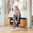 thumbnail image 3 of 2-Tier Storage Bench,Wide Shoe Bench with Thickened Padded Seat Cushion, Mid Century Modern Fluted Sliding Door and Adjustable Shelf, for Entryway, Living Room, Bedroom (Yellow Walnut, 43.3“), 3 of 7