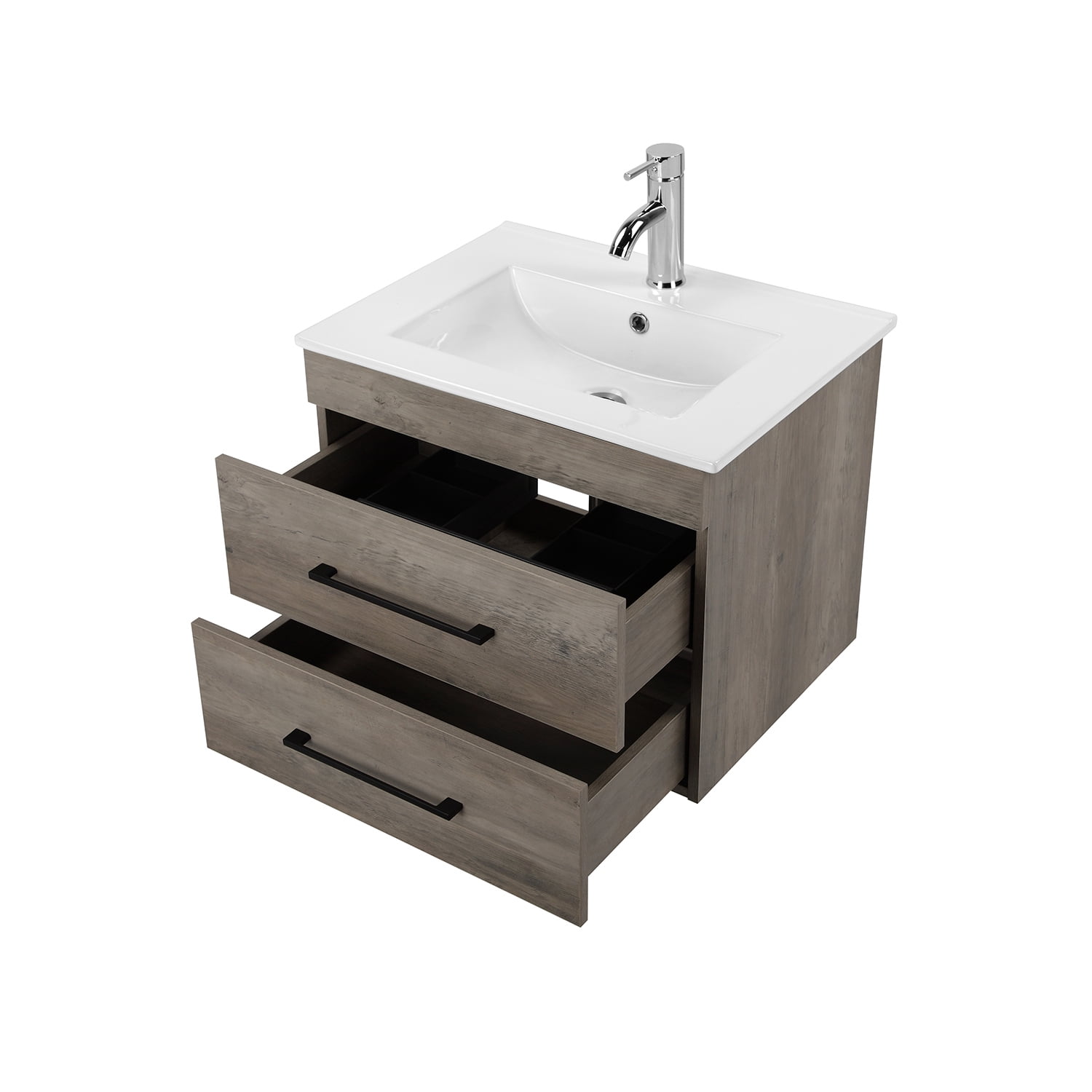 Demi Bonn 24" Wood Grain Wall-Mounted Bathroom Vanity with Ceramic Sink, 2 Soft-Close Drawers and Aluminum Frame Mirror, Faucets and Drains Not Included, Gray