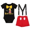 thumbnail image 5 of IBTOM CASTLE Toddler Baby Boys Mouse Cosplay Bowtie Romper + Suspenders + PP Pants + Mouse Headband 1st Birthday Outfit Halloween Cake Smash Tuxedo Clothes 12-18 Months Black - My 1st Birthday, 5 of 8