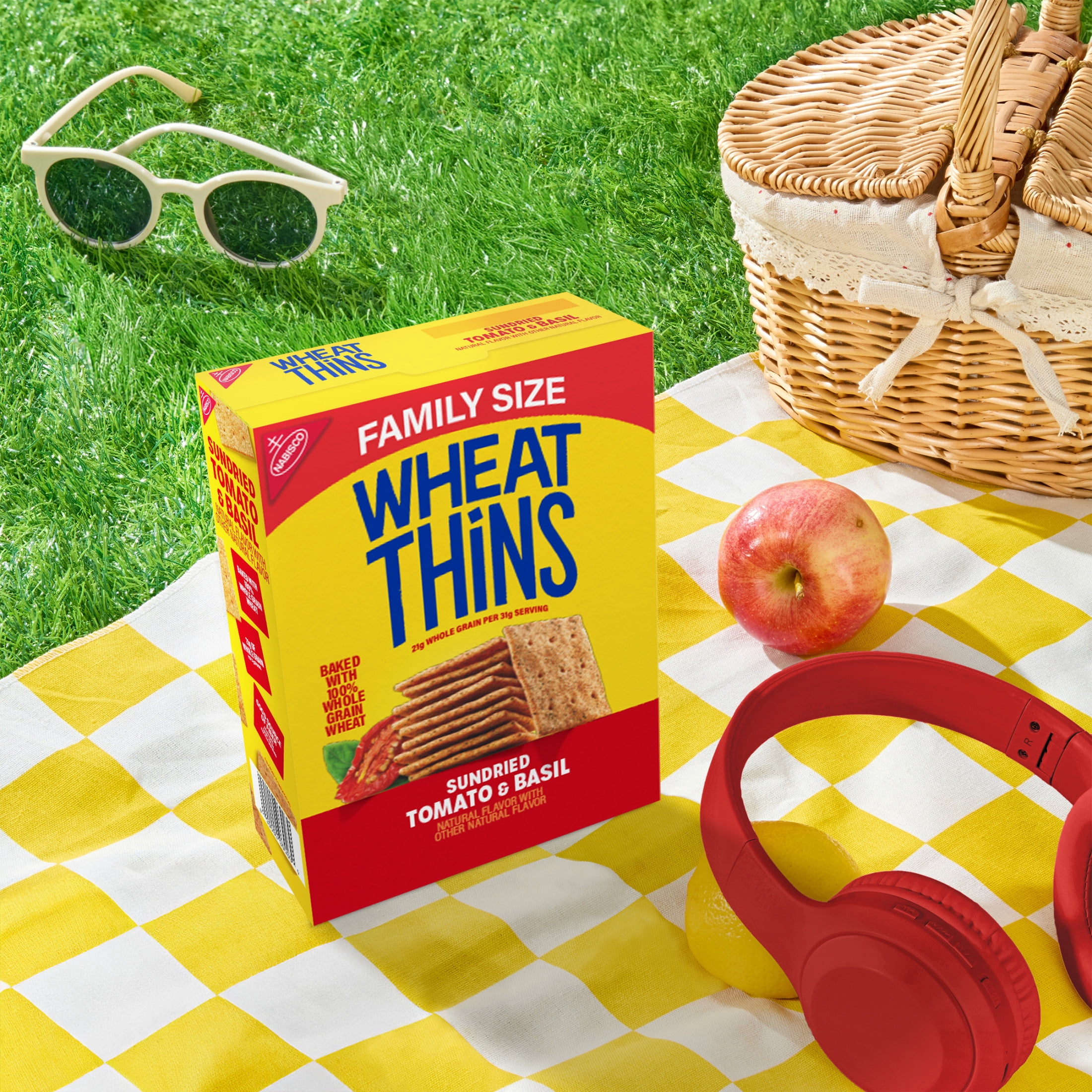 (3 pack) WHEAT THINS Sundried Tomato & Basil Snacks, Whole Grain Wheat Crackers, Family Size, 13 oz