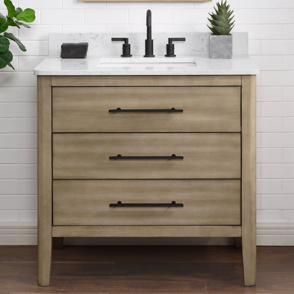 Safford 36" Single Bathroom Vanity with Carrara White Quartz Top, Sink & Backsplash. 37" W x 22" D x 34.5" H. Oak Veneer. Solid Wood. Pre-Assembleb. 1 Till-Out & 2 Soft-Closing Drawers.