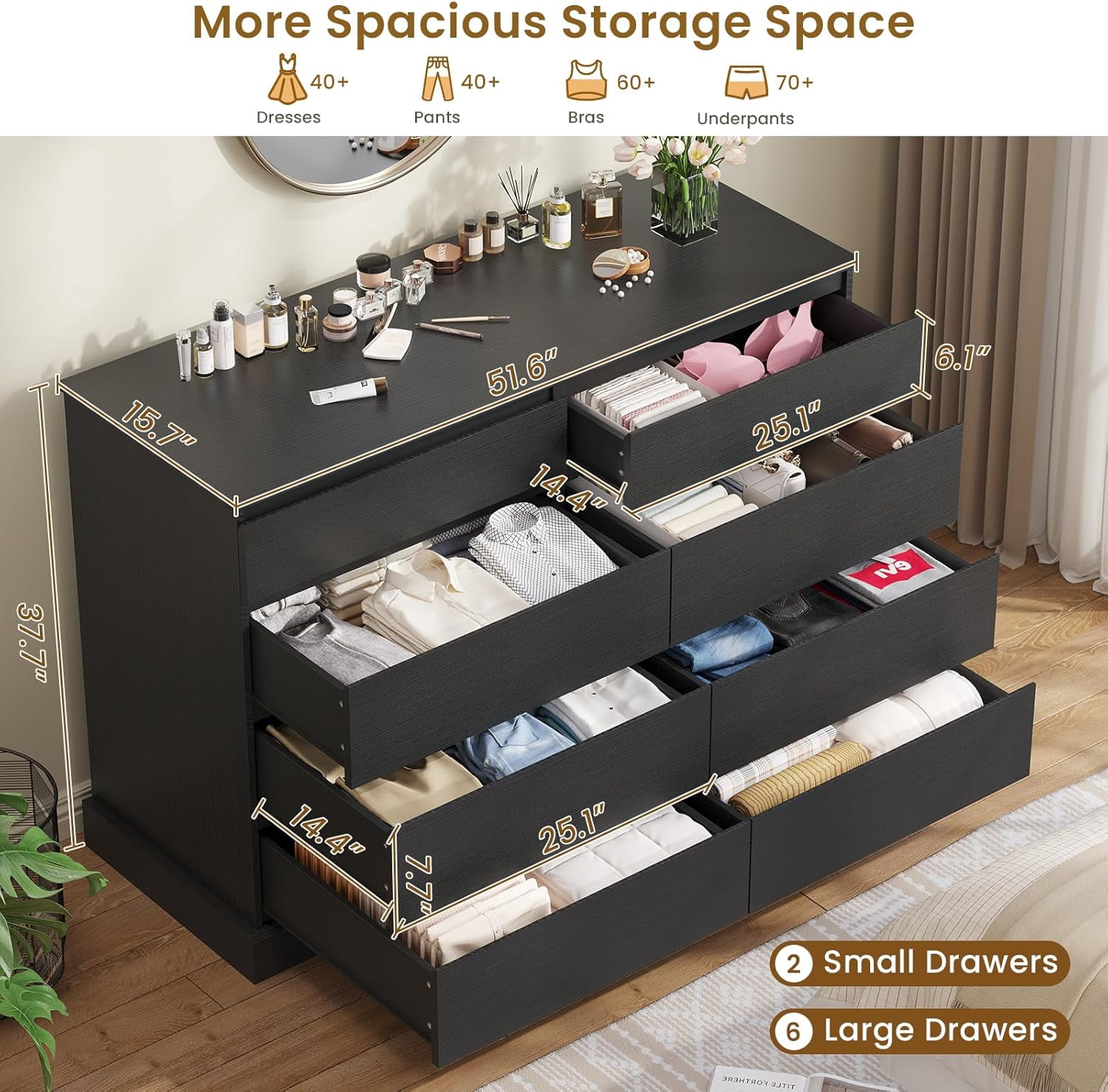 Black Dresser with 8 Drawers for Bedroom Wide Chest of Drawers Storage Cabinet for Living Room