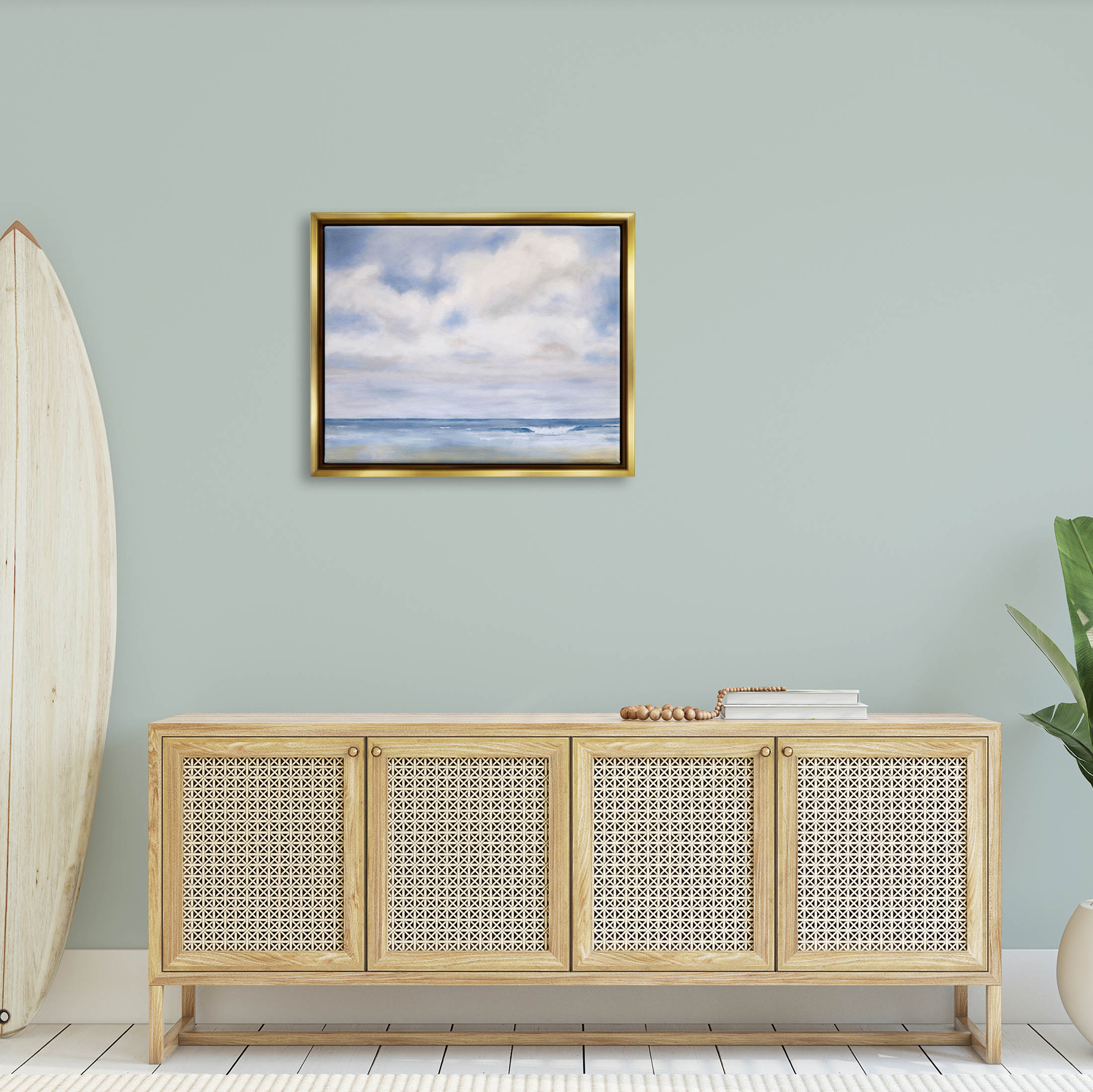 Stupell Industries Tranquil Beach Waves Ocean Scenery Painting Metallic Gold Floating Framed Canvas Print Wall Art, Design by Catherine Andersen