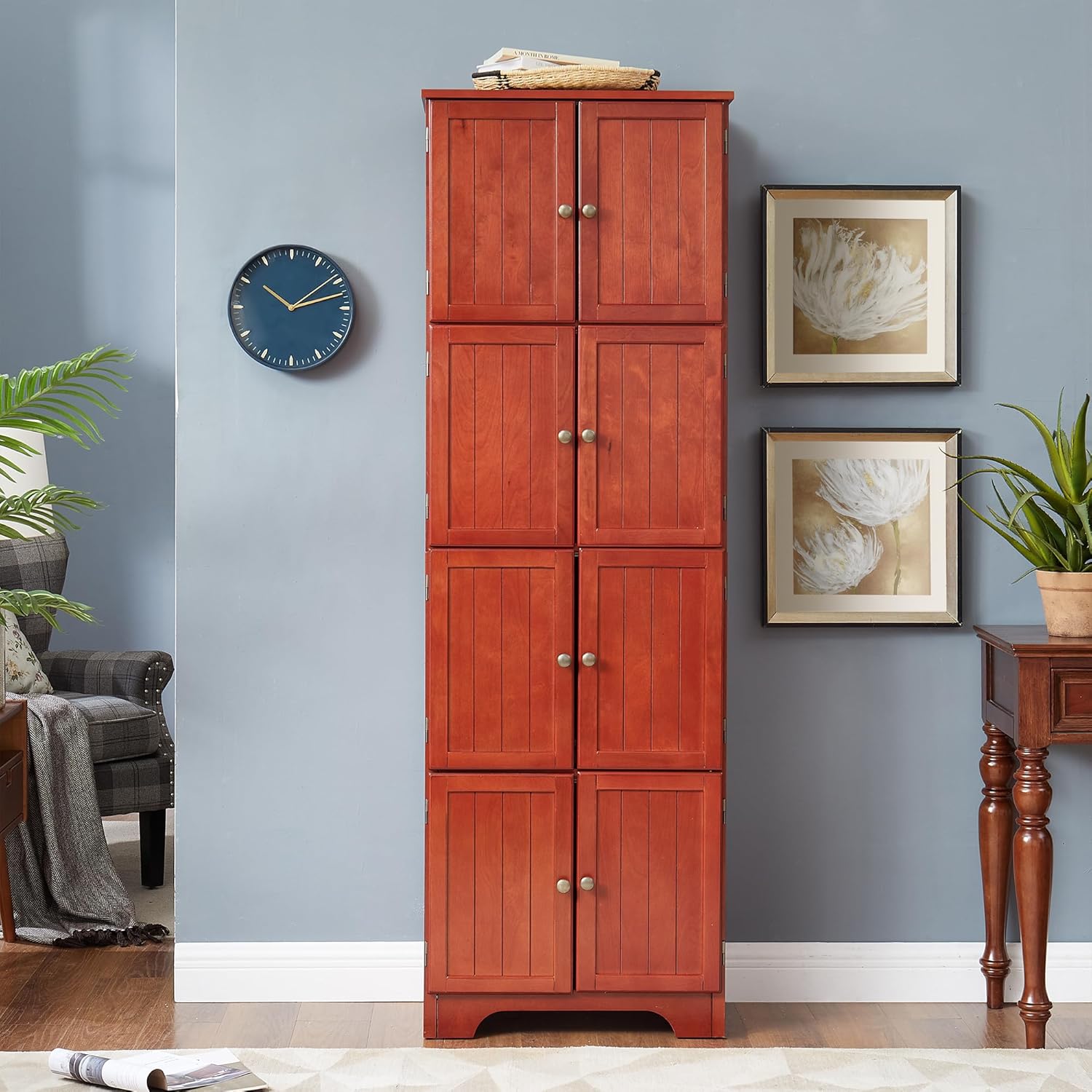 72" Tall Farmhouse Storage Cabinet, 4 Tier Kitchen Pantry Cabinet with 4 Shelves & 8 Doors, Freestanding Floor Storage Cabinet Wooden Organizer Bookcase for Living Room, Kitchen (Cherry)