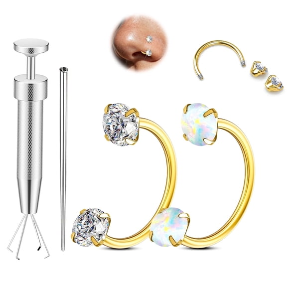 AMASIS 316L Surgical Stainless Steel 20G Horseshoe Nose Rings, Internally Threaded Nose Ring Jewelry, 14K Gold Filled, CZ & Opal Ends, for Women