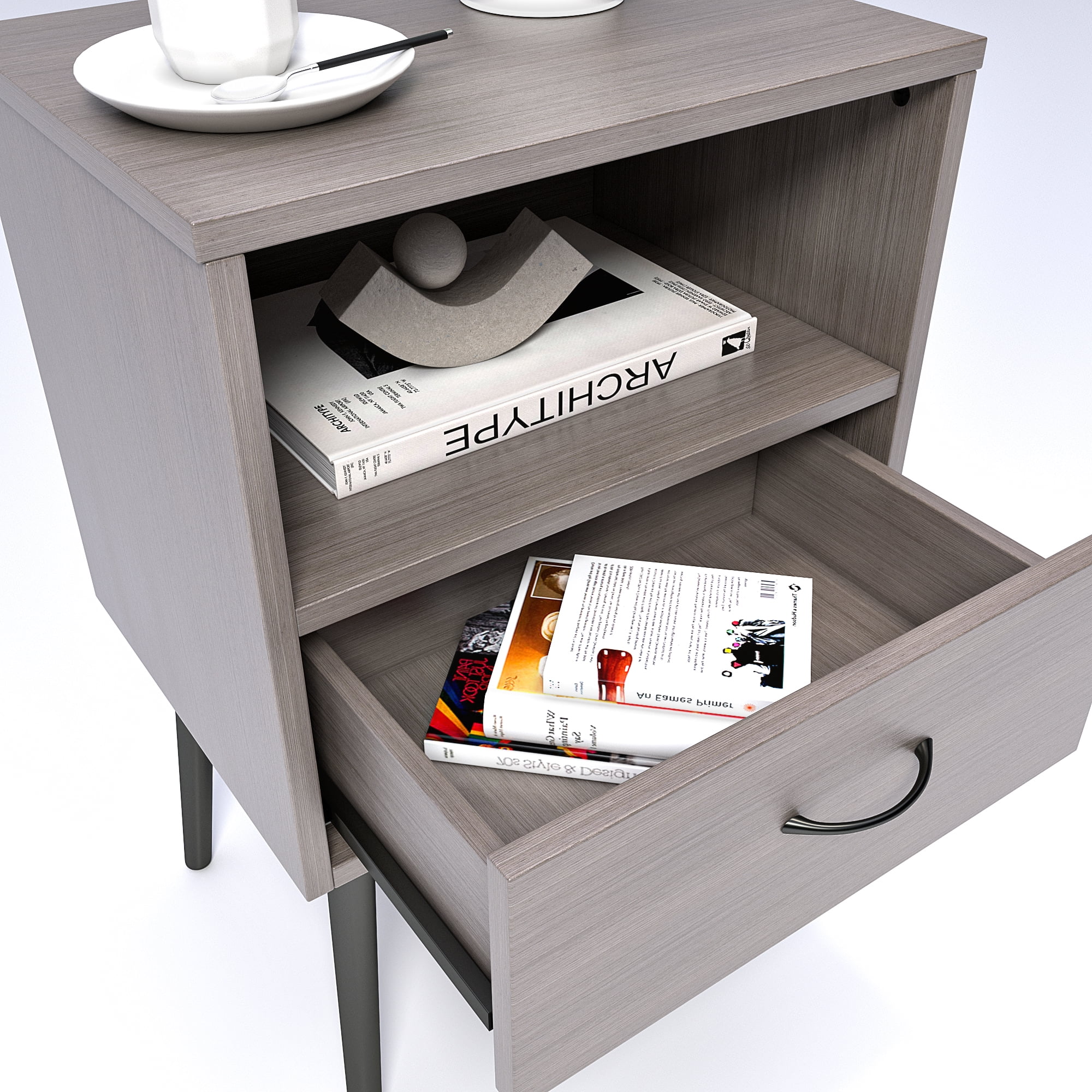 2 Set of Nightstand, Modern Style Bedside Table With Storage Drawers And Open Wooden Shelves, Suitable For Living Rooms, Bedrooms And Small Spaces