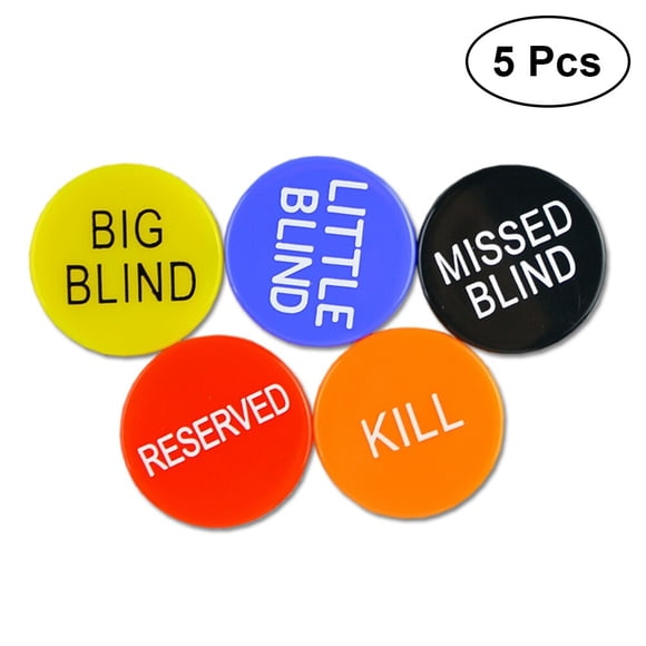 KAKOWELY 5pcs Little Blind, Big Blind, Missed Bling, Kill, Reserved Poker Buttons Poker Buck Chips Game for Poker Gambling Games,1.18"X1.18"X0.12"
