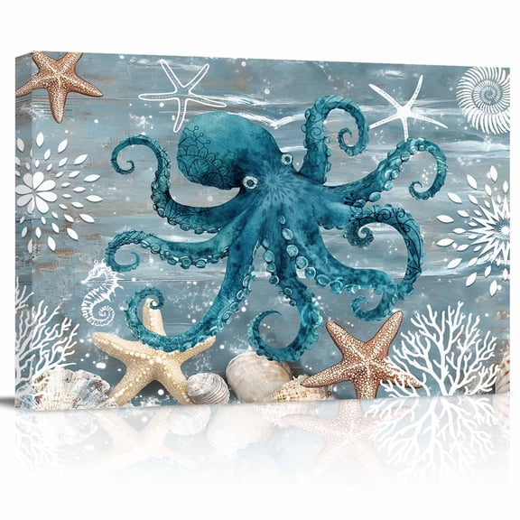 Octopus Canvas Print Wall Art Coral Starfish Coral Vintage Pictures Painting Morden Artwork for Living Room Bedroom, Ready to Hang - 12"x16"