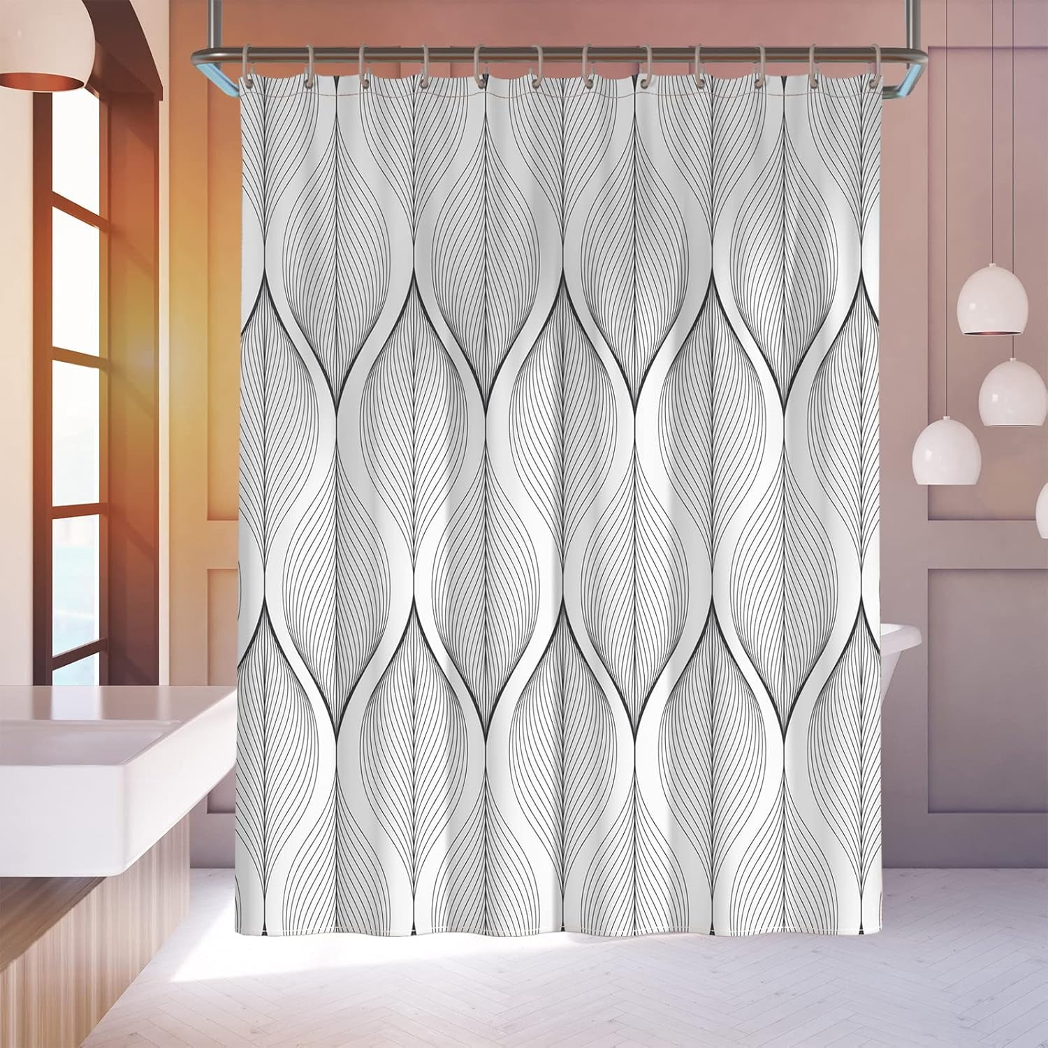 White and Black Shower Curtain for Bathroom Abstract Geometric Shower Curtain Waterproof Fabric Shower Curtains with Hooks 72"W x 96"L (Pack of 1)