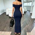 thumbnail image 5 of QUNYINEY Satin Summer Casual Dresses for Women Short Sleeve Blue Off The Shoulder Long Bodycon Dress Slim Fit Ruched Dresses, 5 of 5