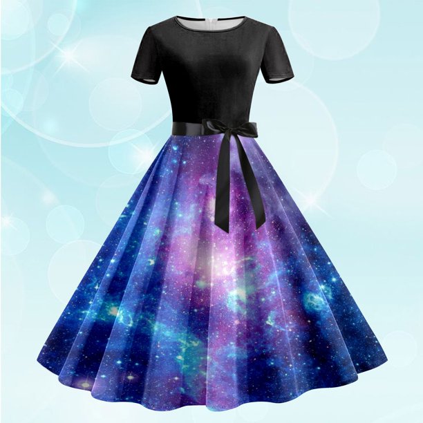Vestidos Elegantes Para Mujer Vestido Informal de Verano Con Cuello Redondo y Manga Corta Con Cinturón Extraíble y Estampado de Galaxia