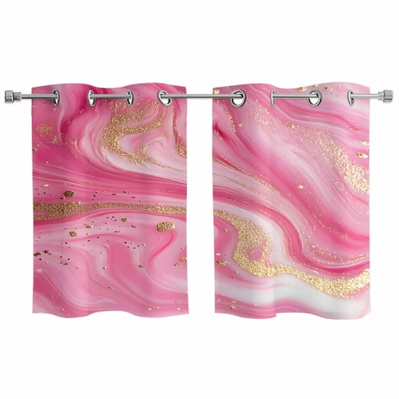 Marble Pink Kitchen Curtains Small Short 39 Inch Length, Modern Abstract Artwork Luxury Golden Grommet Top Bedroom Living Room Curtains, Light Filtering Cafe Curtain Drapes 2 Panels Set 55''x39''