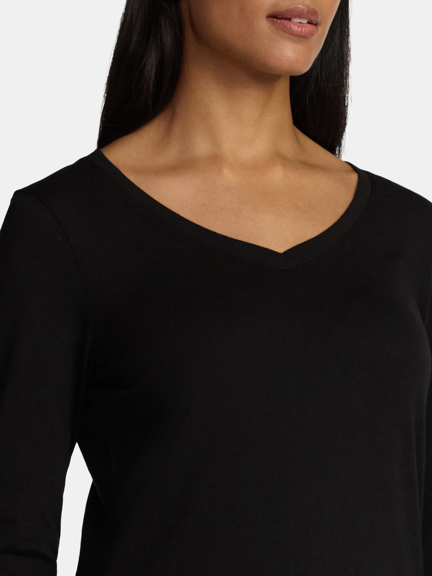 Time and Tru Women's Cotton V-Neck Tee with Long Sleeves, 2-Pack, Sizes XS-XXXL