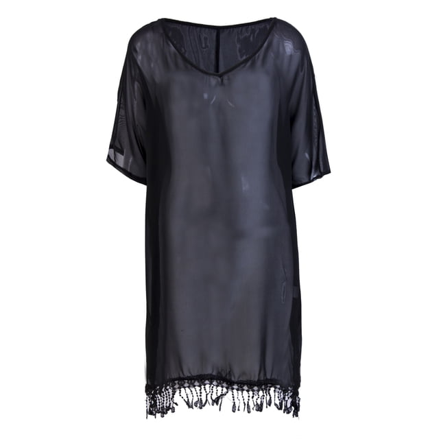 Mialoley Femmes Bikini Cover Up Robe Solide Manches Courtes V-Cou Pompon Ourlet Robe
