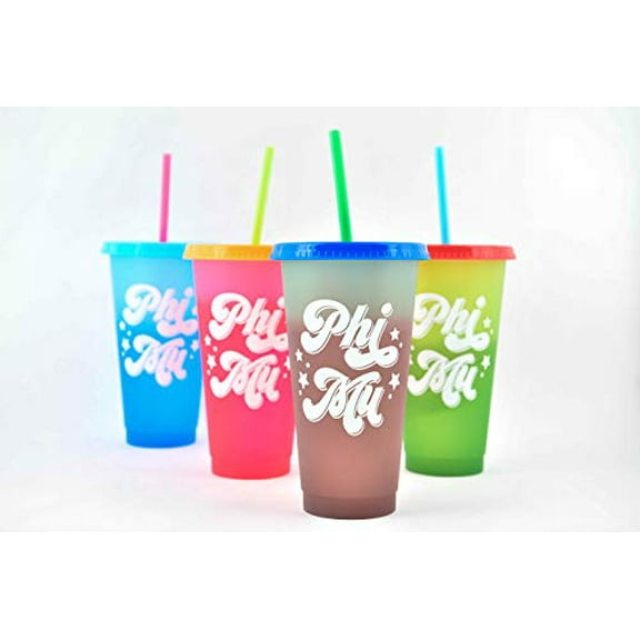 Sorority Shop Phi Mu Color Changing Cups - Pack of 4 Reusable Cups with Lids and Straws, Phi Mu Cup, Perfect Size 24 Oz Tumbler Cups, Mix and Match Lids With Cool Retro Design