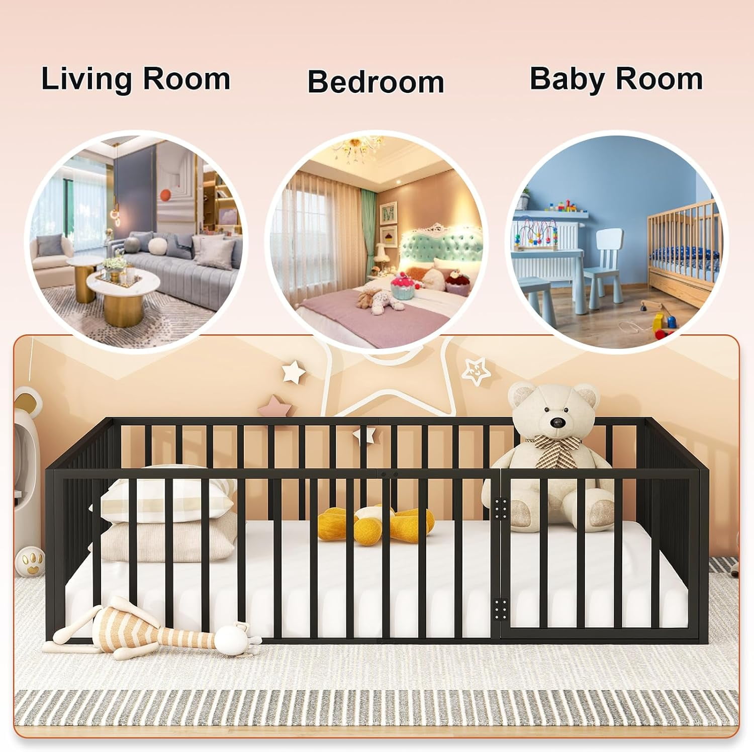 DreamBuck Queen Floor Bed Frame Metal Montessori Floor Bed with Rails and Door, Queen Size Bed Frame with Fence-Shaped Guardrails, Modern Queen Floor Beds for Boys, Girls, Easy Assembly