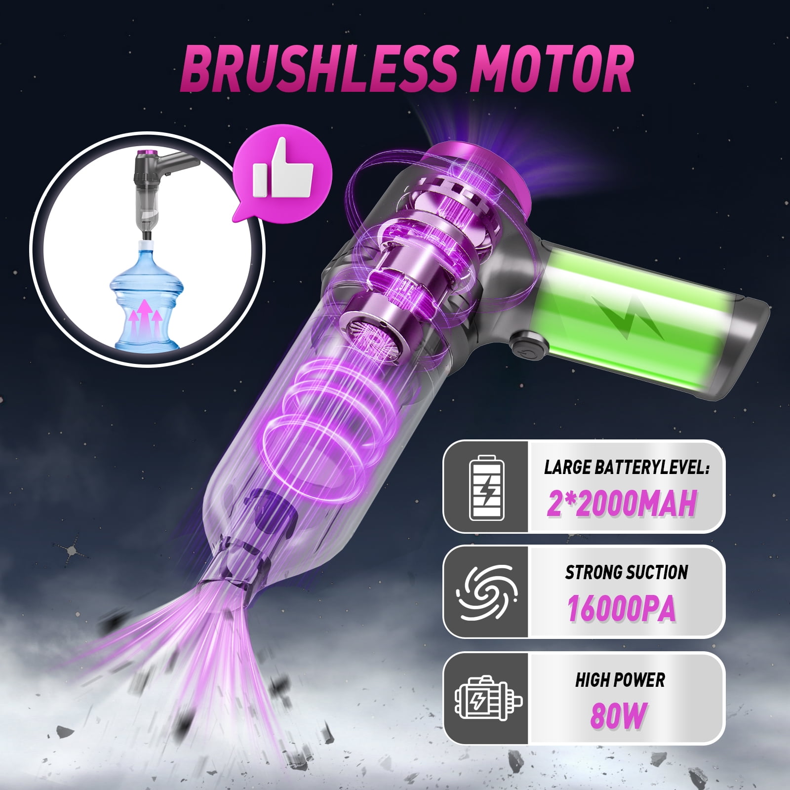 Loheer Car Vacuum Cleaner, 16000PA Portable Handheld Vacuum Cordless, with Brushless Motor, Grey Loheer Car Vacuum Cleaner, 16000PA Portable Handheld Vacuum Cordless, with Brushless Motor, Grey - Image 7