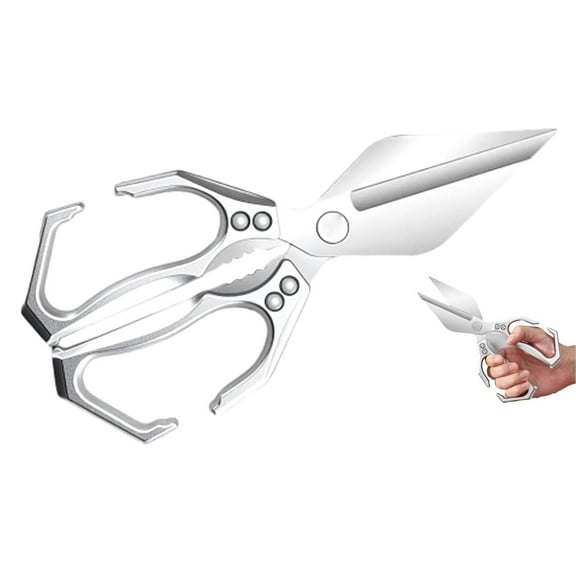 Seattleget Multifunctional Heavy-Duty Kitchen Shears, Poultry Scissors Heavy Duty Cut Bone, New 2 in 1 Ergonomic Kitchen Scissors for Cutting Roots and Chicken, Duck, Fish ＆ Slicing Walnuts Silver