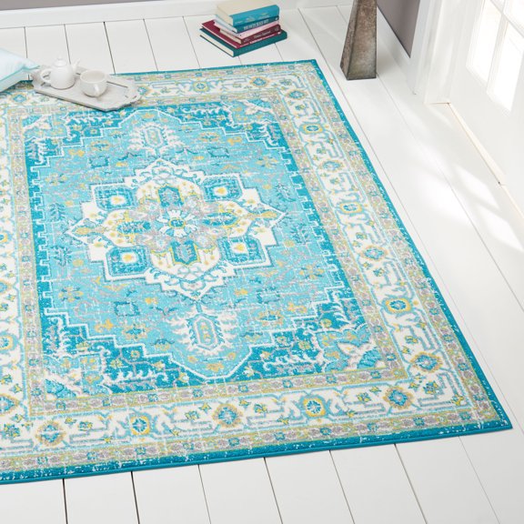 Blue Ivory Gray Modern Traditional Oriental 5x7 Area Rug Bordered Medallion Floor Carpet - Actual 5'2" x 7'2" Rectangle Rug