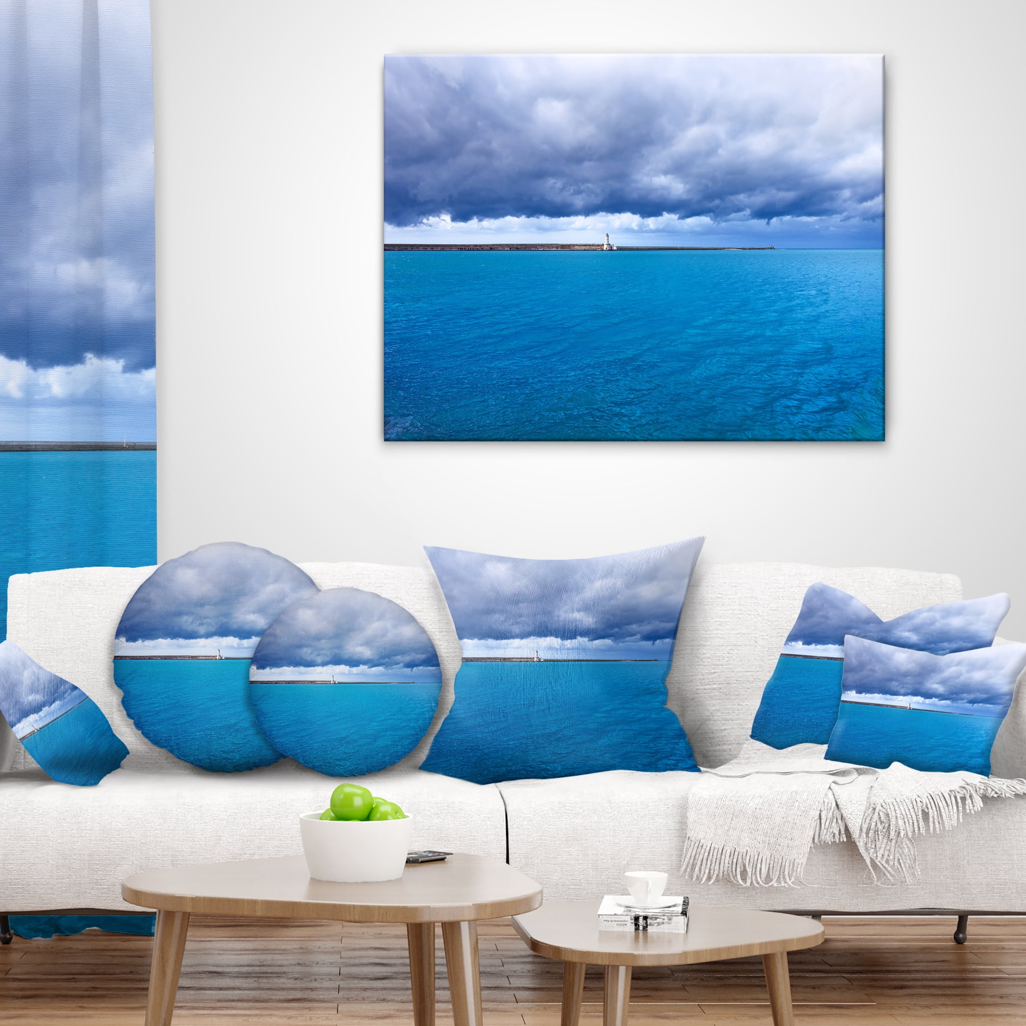 Designart Livorno Port Lighthouse - Seascape Throw Pillow - 12x20