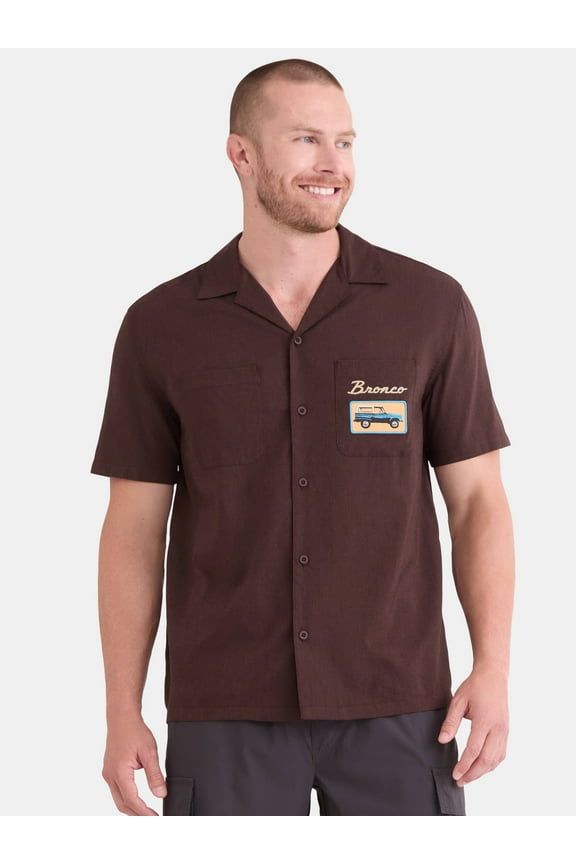 Ford Bronco Men's and Big Men's Front and Back Graphic Button Up Workwear Style Mechanics Shirt with Short Sleeves, Sizes S-3XL