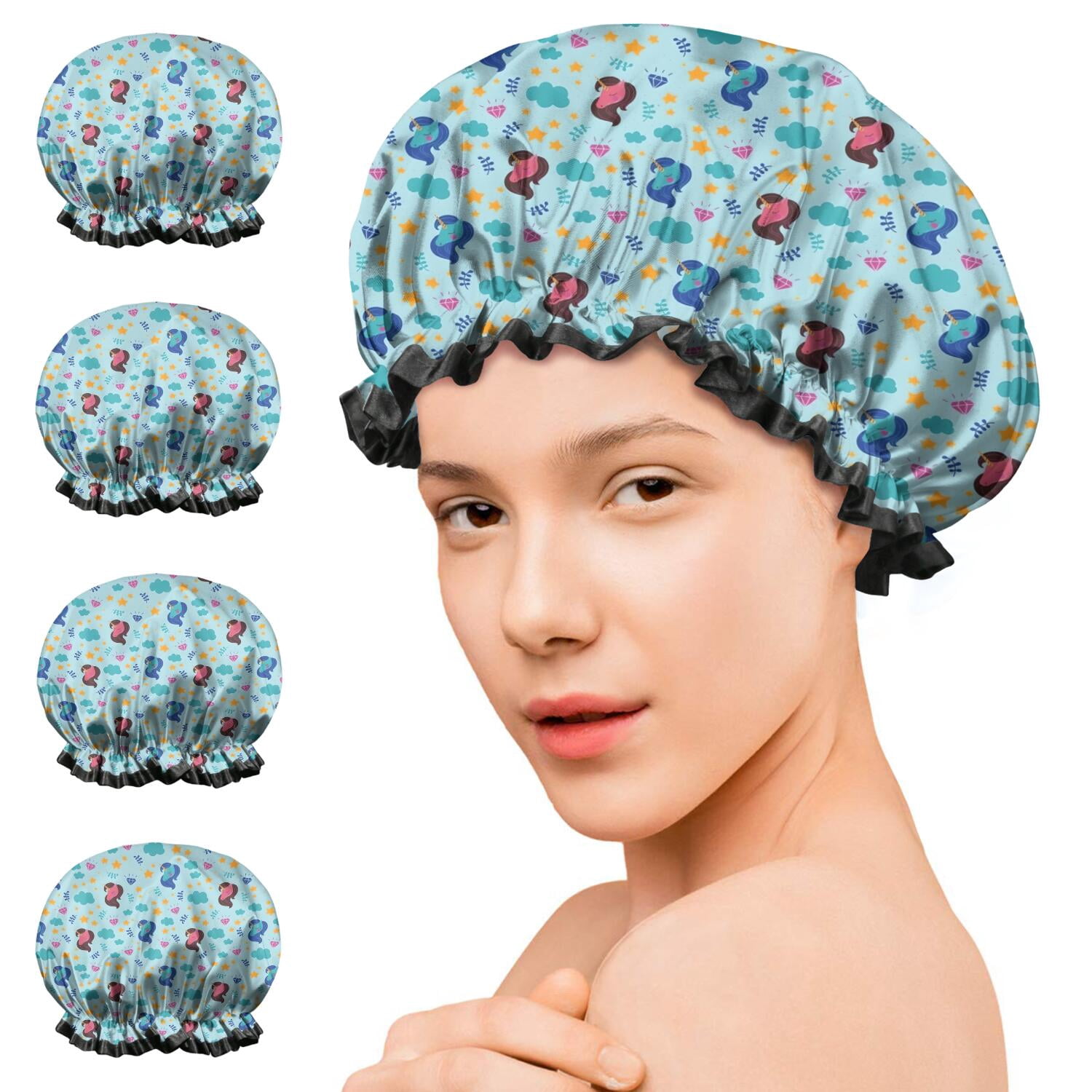Shower Caps,Blue Cartoon Unicorn Star Cloud Pattern Waterproof Shower Cap for Women 4 Pieces,Double Reusable Hair Cover for Shower PEVA Elastic Stretch Hem