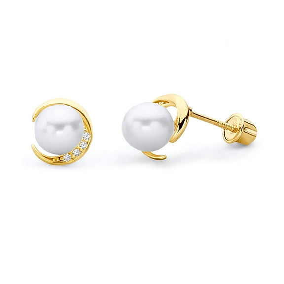 Wellingsale 14K Yellow Gold Polished Freshwater Cultured Pearl Stud Earrings With Screw Back