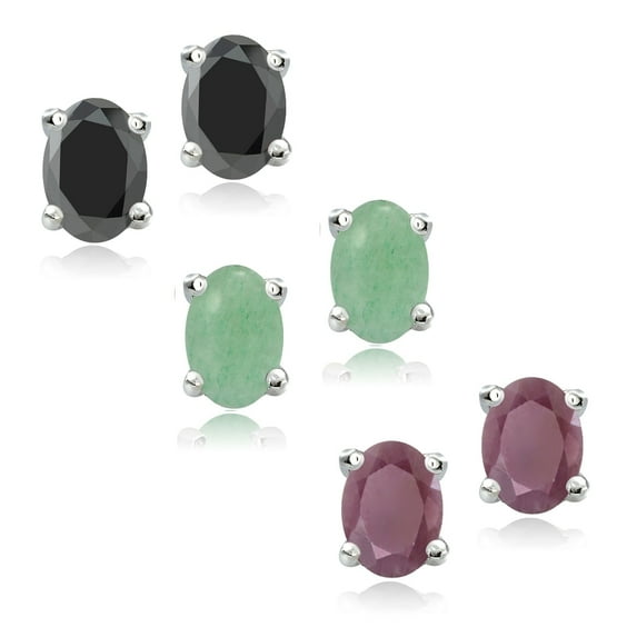Sterling Silver Ruby Sapphire Emerald Stud Earrings Set of 3